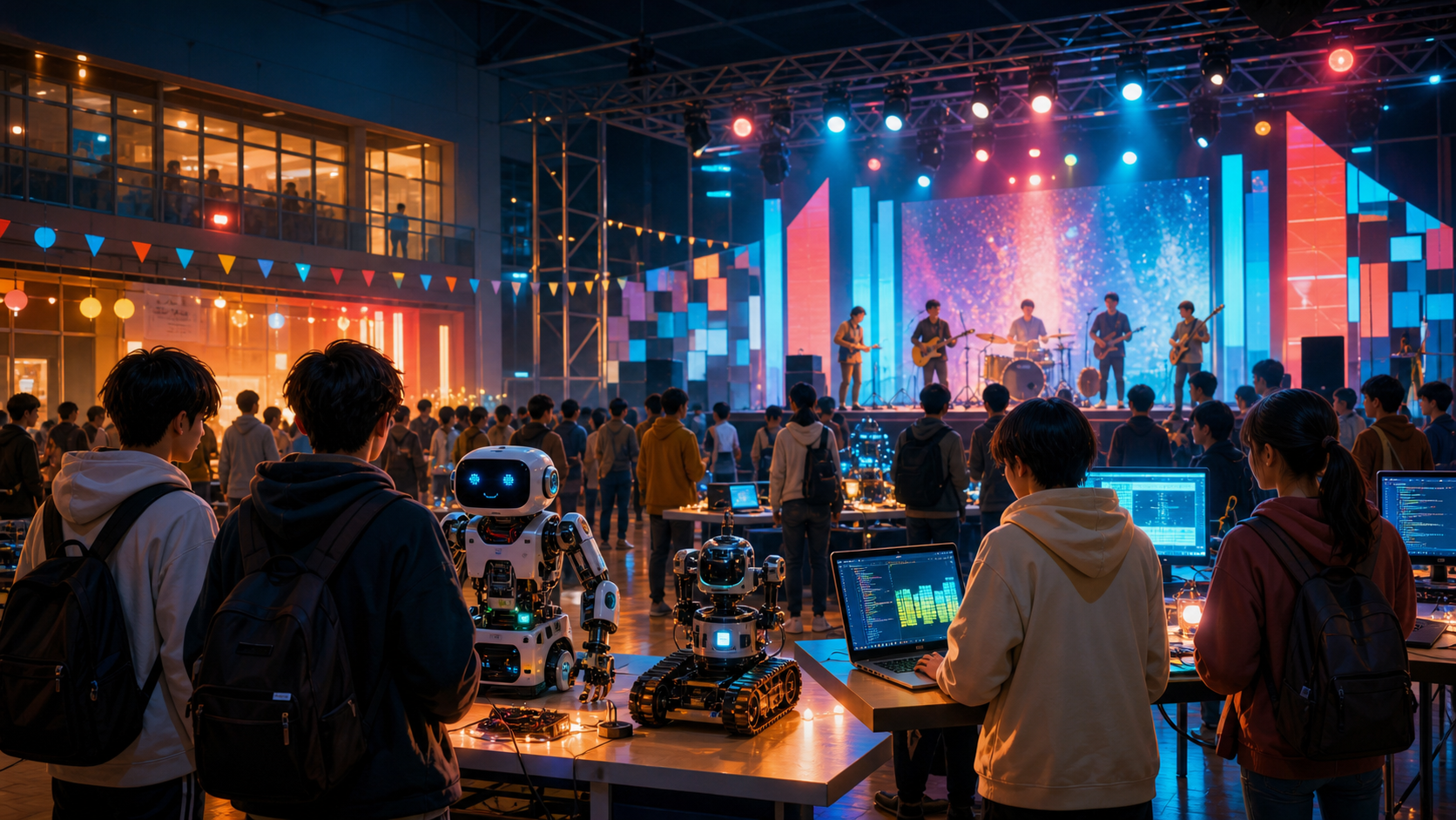 ロボット展示とライブステージでにぎわうキャンパスイベントの様子